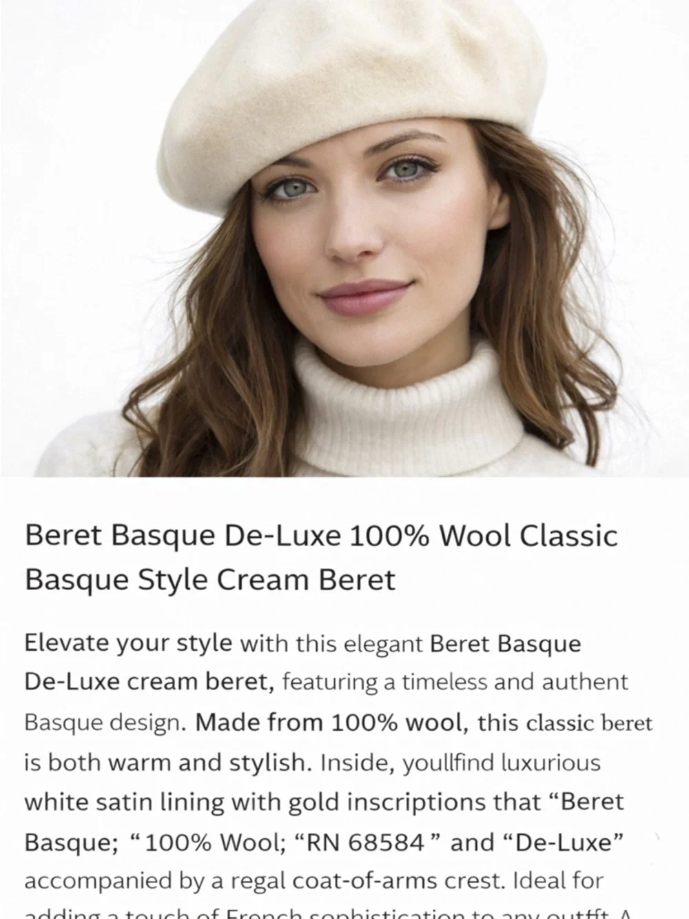 Beret Basque De-Luxe 100% Wool Hat Classic French Style White Satin Lined